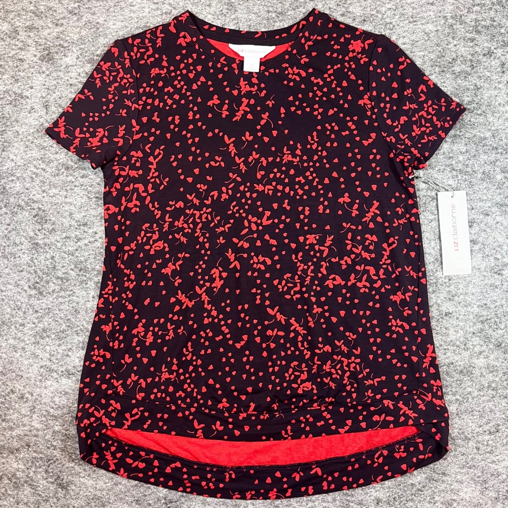 Liz Claiborne Knit Top Women XS Black Red Floral High-Low Short Sleeve Casual